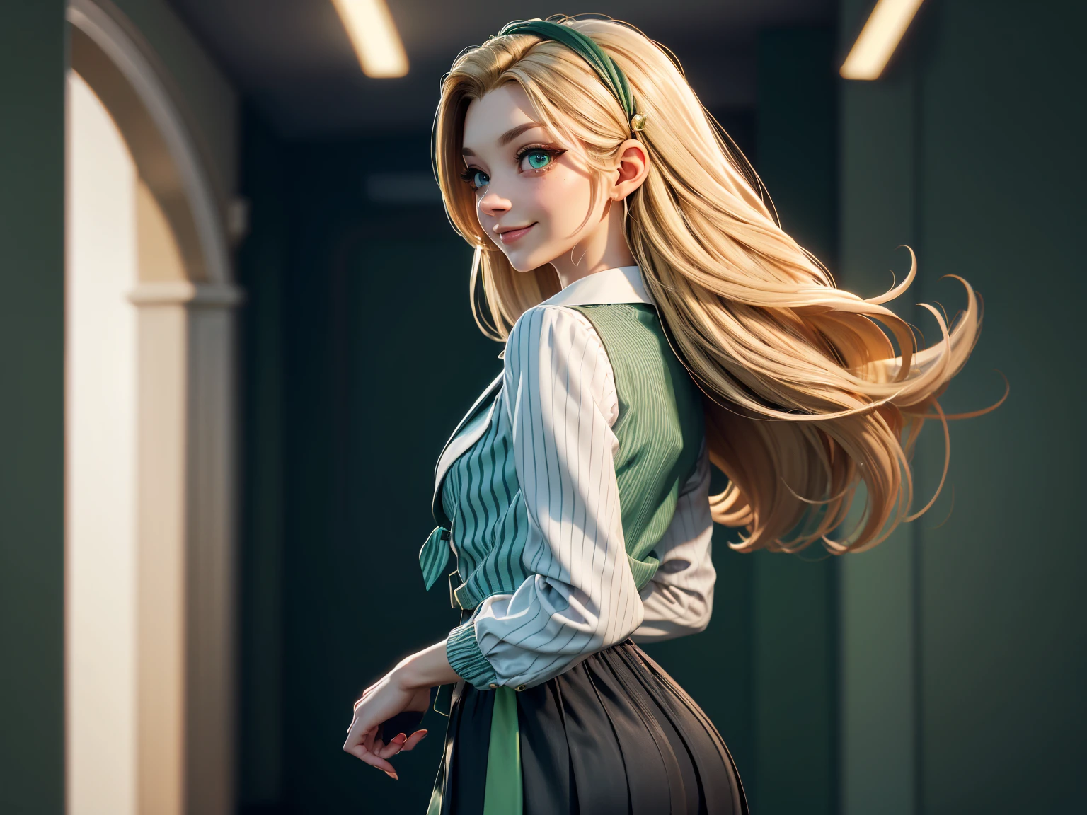 Natalie Dormer, 26 years, (One:1.1), Natalie Dormer, perfect face, (((Costume with skirt))), (((pleated school skirt))), (((Silk tie))), Windsor tie, (((White shirt))), cup size 2, (((night color jacket with 1 horizontal green stripe))), (((Night color skirt with 1 horizontal green stripe))), (((night color vest))), (((One focus, fully dressed, elegantly dressed, smiling, Elegant hairstyle, strand of hair in front, hair from back to waist, blonde hair, Green eyes, beautiful detailed eyes，bright students，（very good and beautiful），（Beautiful and detailed description of the eyes), [[gentle fingers and hands:0.55]::0.85], (detail fingers))), Facing the camera, (Background with：school corridor，mystical atmosphere), (Illustration, cartoon, Masterpiece, very detailed, Best quality，cinematic lighting，detailed background, A high resolution)