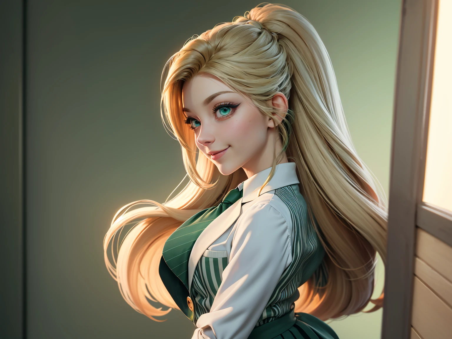Natalie Dormer, 26 years, (One:1.1), Natalie Dormer, perfect face, (((Costume with skirt))), (((pleated school skirt))), (((Silk tie))), Windsor tie, (((White shirt))), cup size 2, (((night color jacket with 1 horizontal green stripe))), (((Night color skirt with 1 horizontal green stripe))), (((night color vest))), (((One focus, fully dressed, elegantly dressed, smiling, Elegant hairstyle, strand of hair in front, hair from back to waist, blonde hair, Green eyes, beautiful detailed eyes，bright students，（very good and beautiful），（Beautiful and detailed description of the eyes), [[gentle fingers and hands:0.55]::0.85], (detail fingers))), Facing the camera, (Background with：school corridor，mystical atmosphere), (Illustration, cartoon, Masterpiece, very detailed, Best quality，cinematic lighting，detailed background, A high resolution)