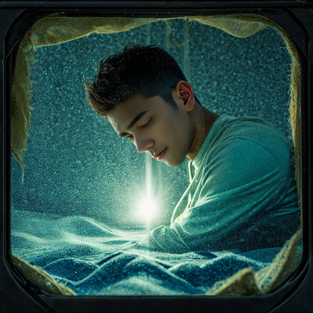 A magnificent landscape unfolds。Under the quiet night sky、The stars are shining。A young man is depicted moving forward.、All around him are symbols of difficulties and trials.。His eyes are forward-looking、I can sense your determination to face adversity.。Behind him、A bright light symbolizing hope and courage shines.。It is a symbol of his journey.、The music in his heart shines its light。", High resolution, masterpiece, highest quality, Intricate details, Very detailed, Clear focus, Delicate skin, practical skin texture, texture, Delicate eyes, Professional, 4K, Shot with Canon, 85mm, Shallow and deep,  Kodak Vision Color, Exactly, Very detailed, photograph_\(Extremist\), photographpractical, practical, Post-processing, Maximum details, Roughness, Real Life, Extremist practical, Photorealism, photographgraphy, 8K Ultra HD, photographgraphy