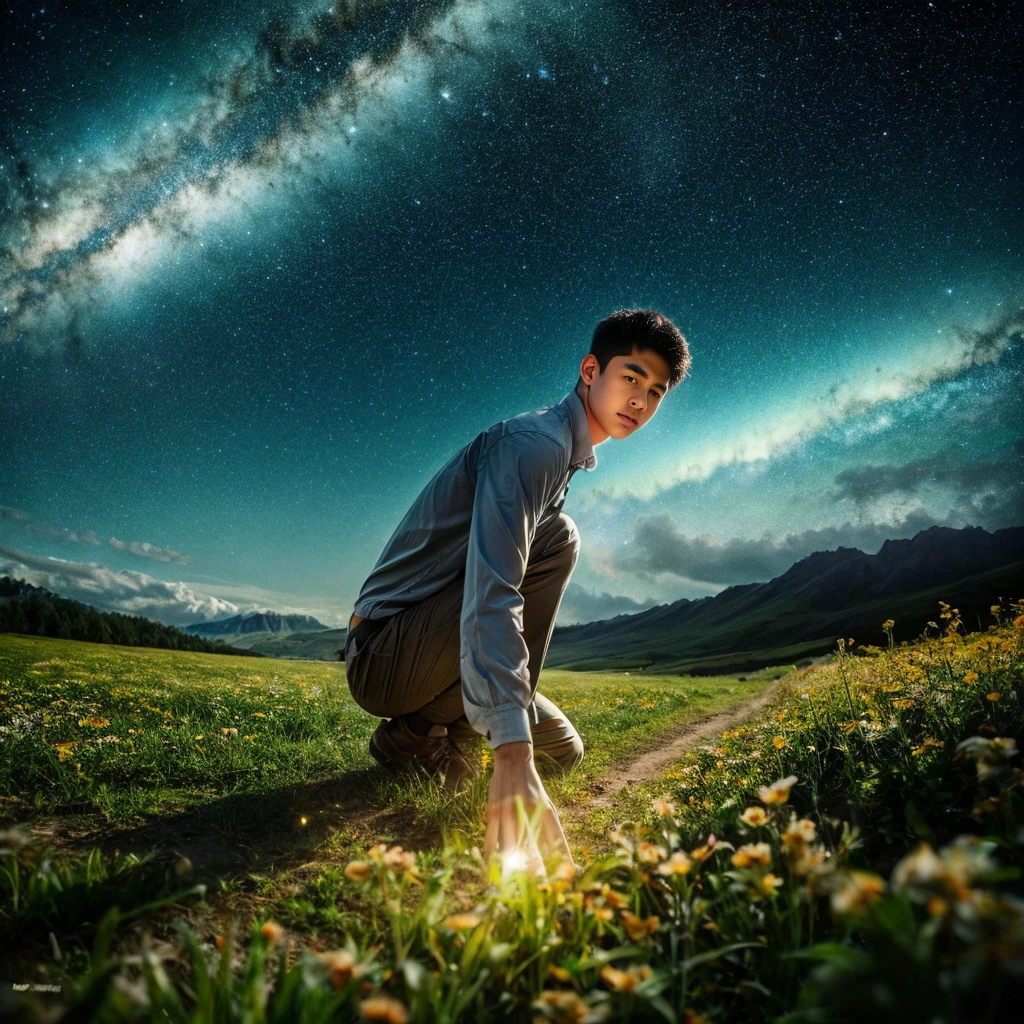 A magnificent landscape unfolds。Under the quiet night sky、The stars are shining。A young man is depicted moving forward.、All around him are symbols of difficulties and trials.。His eyes are forward-looking、I can sense your determination to face adversity.。Behind him、A bright light symbolizing hope and courage shines.。It is a symbol of his journey.、The music in his heart shines its light。", High resolution, masterpiece, highest quality, Intricate details, Very detailed, Clear focus, Delicate skin, practical skin texture, texture, Delicate eyes, Professional, 4K, Shot with Canon, 85mm, Shallow and deep, Kodak Vision Color, Exactly, Very detailed, photograph_\(Extremist\), photographpractical, practical, Post-processing, Maximum details, Roughness, Real Life, Extremist practical, Photorealism, photographgraphy, 8K Ultra HD, photographgraphy