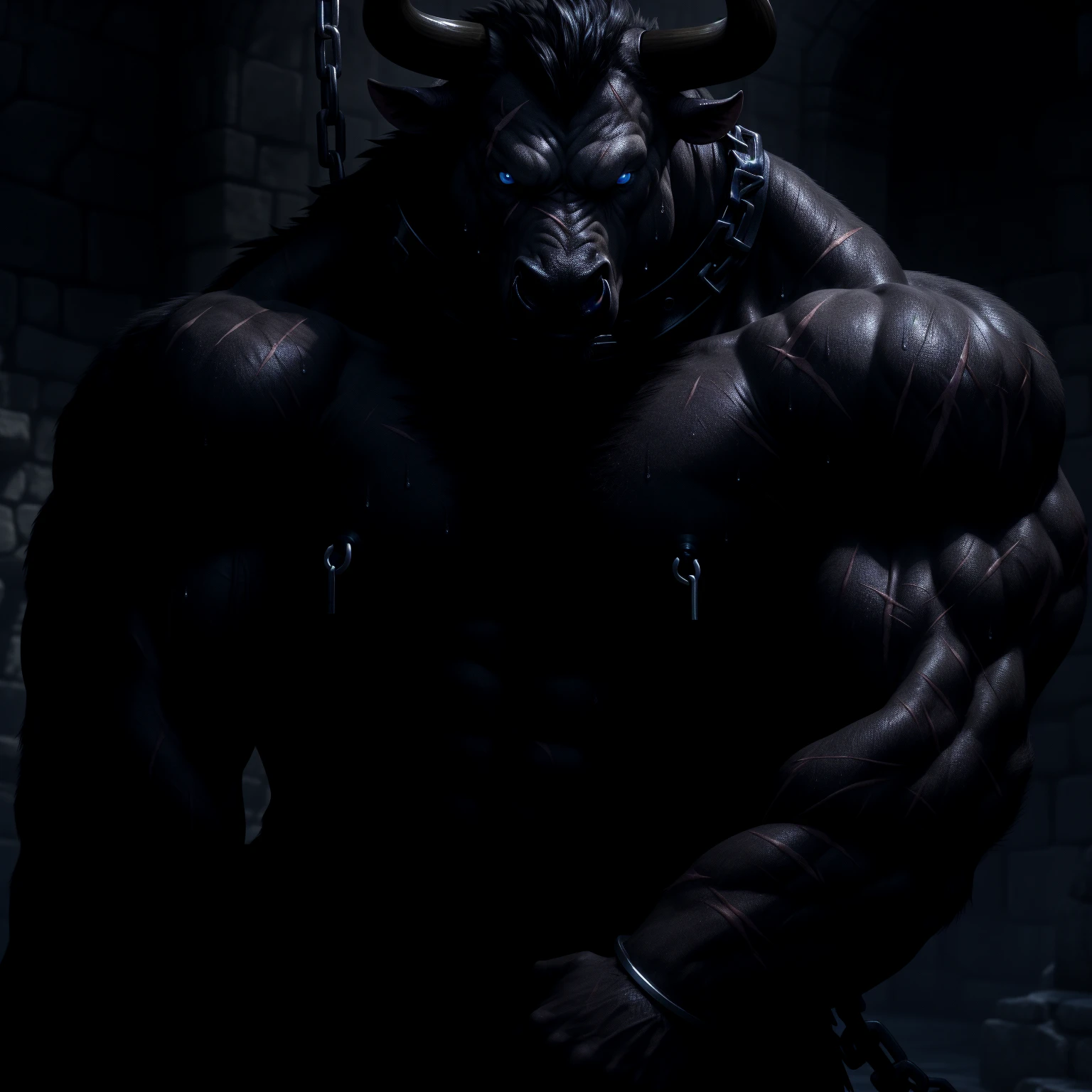 Sweating, muscular, Shirtless, dark castle, Anthropomorphic chest hair, serious face（scars in the face） Mature （blue eyes）Huge muscular torn abs wild wearing nipple rings and collars prisoners collar linked to chains lock ambitious black bull