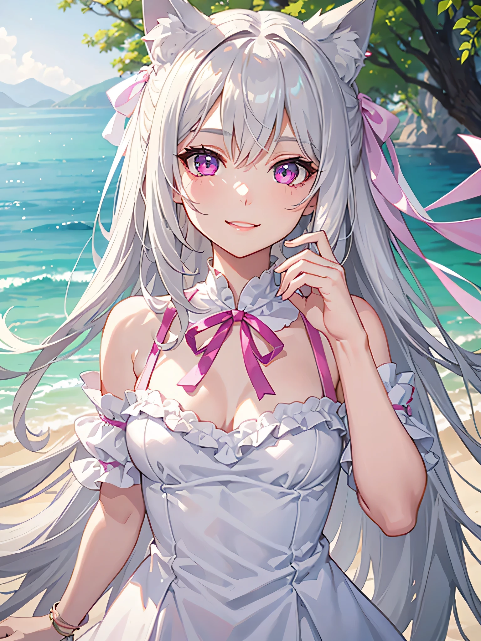 Highly detailed face,fine grain,Waterfront,Highlighted eyes, medium breasts ,pretty girl,smile,Cat ear,Beautiful silver hair,Pink inside,Beautiful pink eyes,shiny skin, beautiful shadow,White dress,ribbon,date