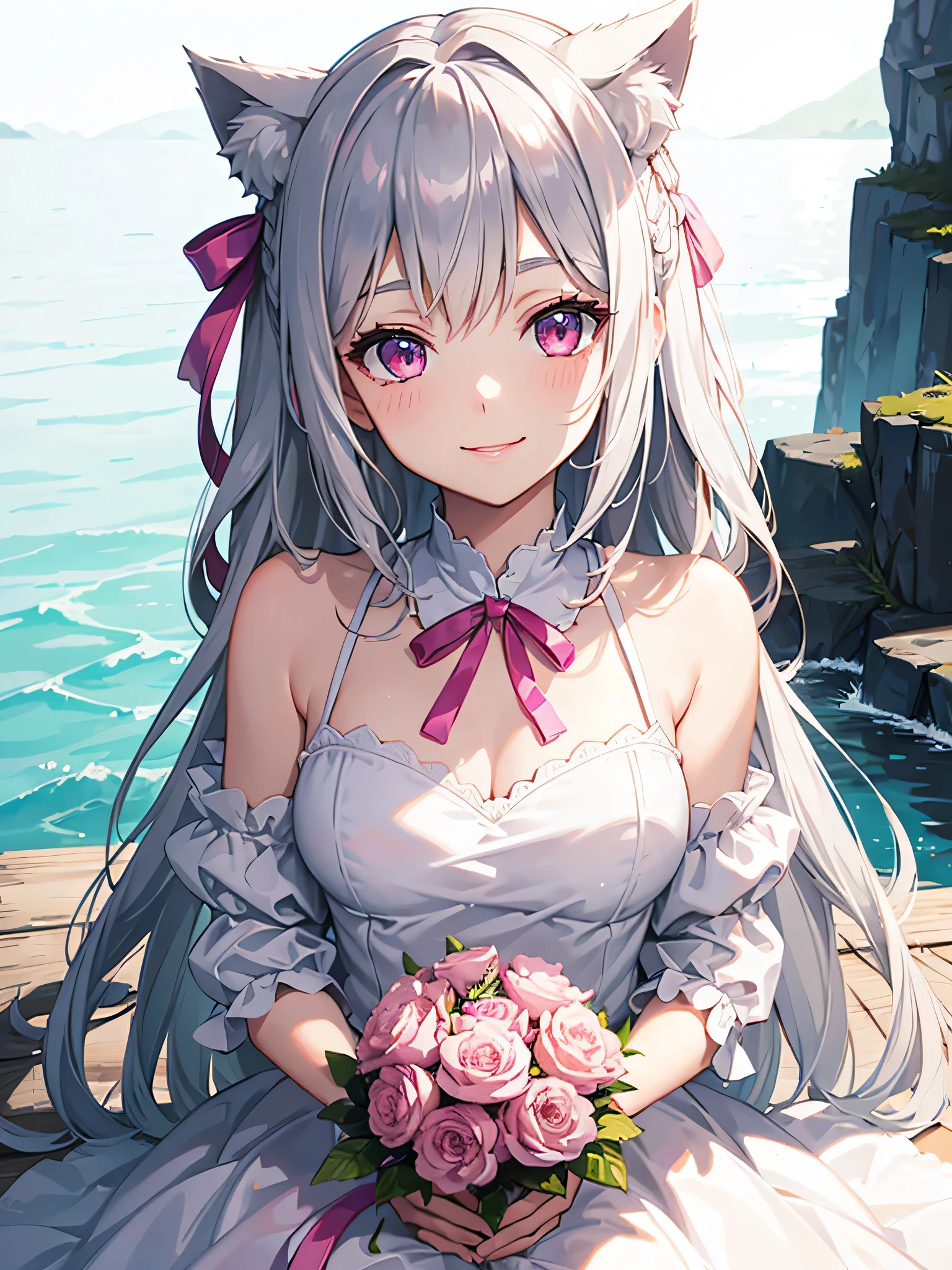 Highly detailed face,fine grain,Waterfront,Highlighted eyes, medium breasts ,pretty girl,smile,Cat ear,Beautiful silver hair,Pink inside,Beautiful pink eyes,shiny skin, beautiful shadow,White dress,ribbon,date
