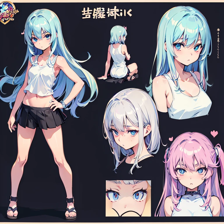 Anime style,masterpiece, high quality, 最high quality, ((Character design sheet, )),One girl,Slender figure,Small breasts,White tank top,White panties,Heart-shaped pupils,Gray Hair,Blue eyes
