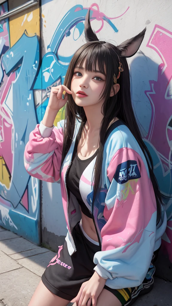 (best quality), masterpiece, Extremely detailed CG8K illustration, High Color, Extremely High Color saturation, All colors are deepened, , graffiti art, Central Composition, Extremely detailed lighting, Graffiti Wall, Walls painted bright colors, 1 girl graffiti 1 girl looking at the wall, Very detailed face and eyes, Medium Length Hair, Sportswear, Colorful Clouds