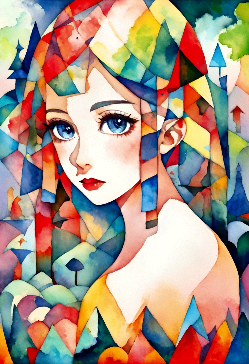 woman back style painting,, On a colorful background, abstracted , Abstract portrait, Stylized face, pop art painting, Expressive forest, inspired by Mone, pop art painting, Beautiful expressive painting, in Watercolor, cubism style
