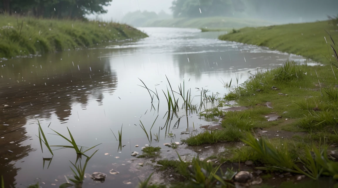 A lot of rain is falling on the mirror-like water surface and it keeps falling, grass is visible in places in the water surface like k is seeing, grass is wet with rain and has a lot of water drops on it (Photographic, Best Quality, High Quality, Highres:1.4), Detail, Extremely Detail, Ambient Soft Lighting, 4K, Background, Depth of Field,