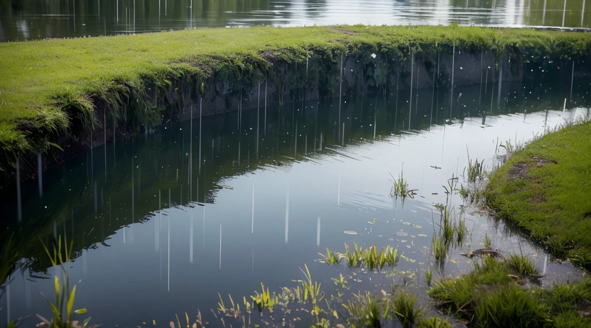 A lot of rain is falling on the mirror-like water surface and it keeps falling, grass is visible in places in the water surface like k is seeing, grass is wet with rain and has a lot of water drops on it (Photographic, Best Quality, High Quality, Highres:1.4), Detail, Extremely Detail, Ambient Soft Lighting, 4K, Background, Depth of Field,