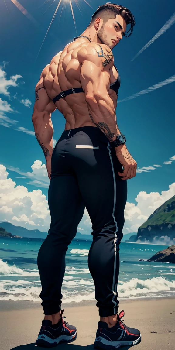 1 homem, olhando para cima, rosto para cima,  side view, full body, fundo preto, muscular