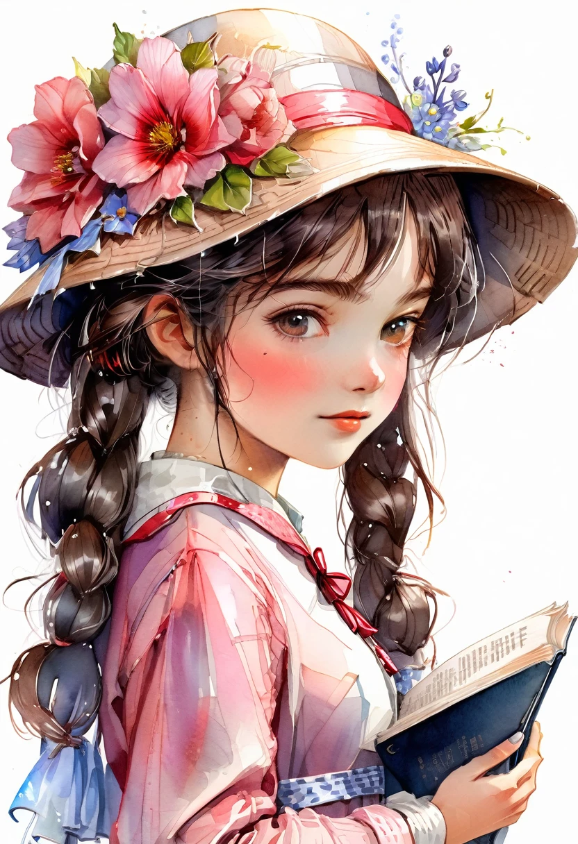 desenho aquarela, a beautiful  peasant  girl with antique vintage hat, segurando flores rosa antiga, vestido rosa com babado e cetim de renda, illustration de livro , arte ilustrativa, illustration fofa de livro de histórias,  illustration ,  delivering mail, illustration para crianças, arte de livro , illustration colorida, handmade style, rough texture, vintage, desenho aquarela