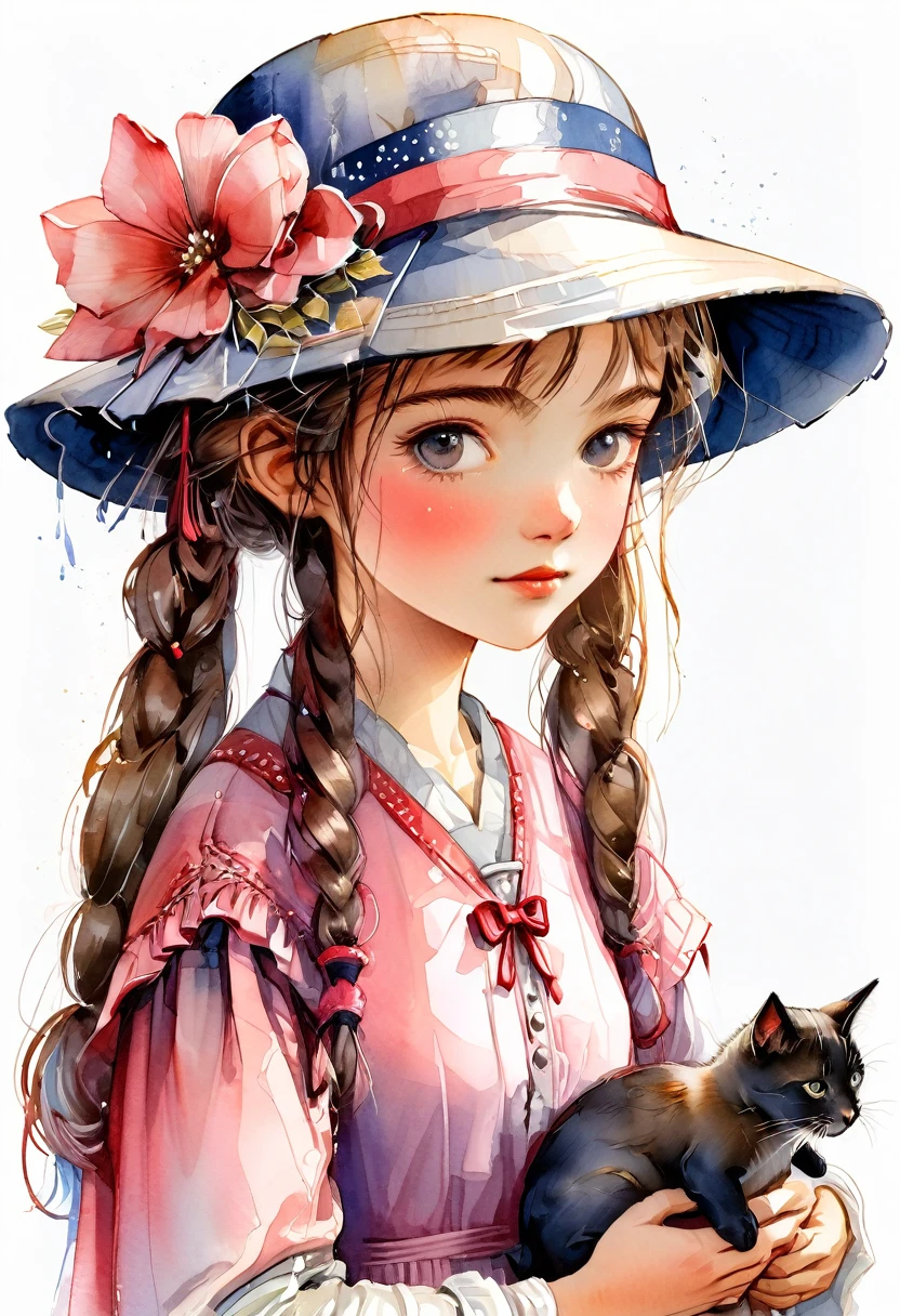 desenho aquarela, a beautiful  peasant  girl with antique vintage hat, segurando flores rosa antiga, vestido rosa com babado e cetim de renda, illustration de livro , arte ilustrativa, illustration fofa de livro de histórias,  illustration ,  delivering mail, illustration para crianças, arte de livro , illustration colorida, handmade style, rough texture, vintage, desenho aquarela