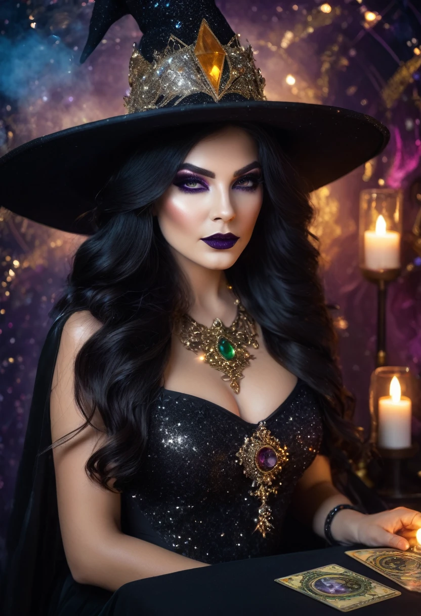 a beautiful woman , queen WITCH WITH A hat TAROT CARDS and crystals GLITTER MAKEUP .the Style-RustMagic, Aum, (atmosfera escura:1.2), (Mist & smoke), (noite escura:1.3), Cicatrizes, (shaggy medium length dark hair:1.1), (sombra:1.1), (brilho lindamente detalhado:1.2), (cinematic lighting), detalhe intrincado, high resolution,