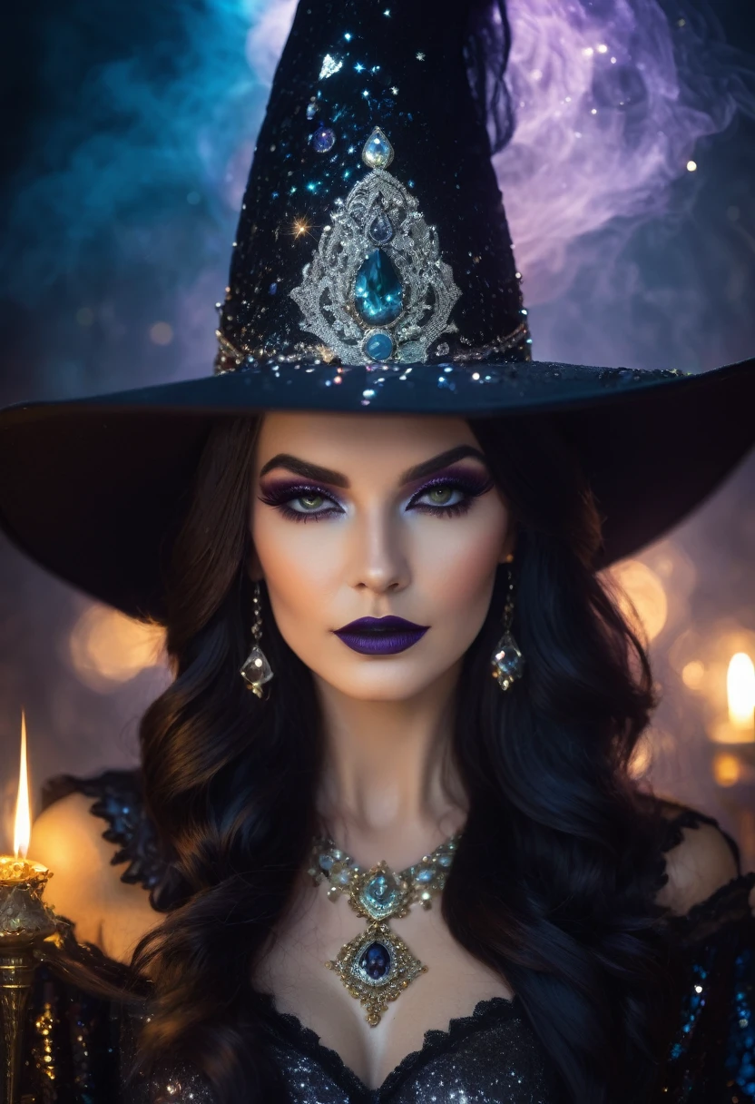 a beautiful woman , queen WITCH WITH A hat TAROT CARDS and crystals GLITTER MAKEUP .the Style-RustMagic, Aum, (atmosfera escura:1.2), (Mist & smoke), (noite escura:1.3), Cicatrizes, (shaggy medium length dark hair:1.1), (sombra:1.1), (brilho lindamente detalhado:1.2), (cinematic lighting), detalhe intrincado, high resolution,