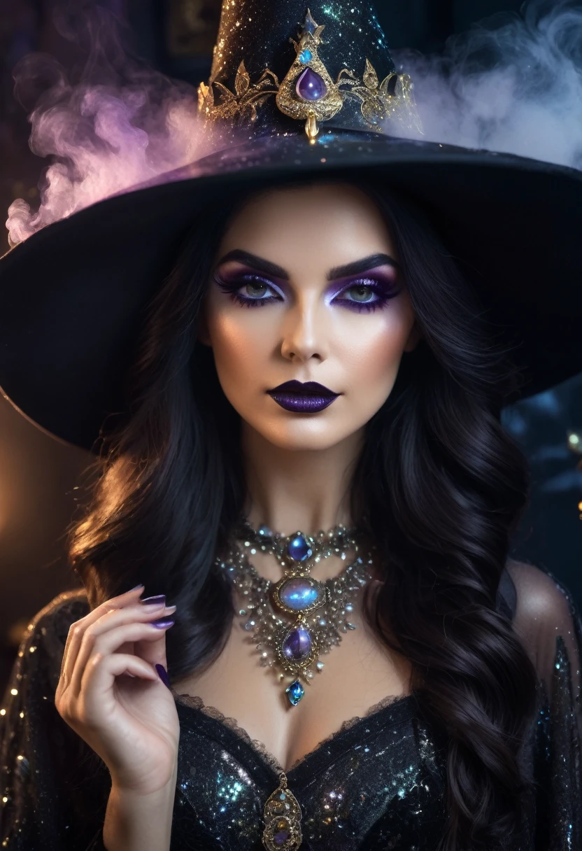 a beautiful woman , queen WITCH  WITH A hat TAROT CARDS and crystals GLITTER MAKEUP .the Style-RustMagic, Aum, (atmosfera escura:1.2), (Mist & smoke), (noite escura:1.3), Cicatrizes, (shaggy medium length dark hair:1.1), (sombra:1.1), (brilho lindamente detalhado:1.2), (cinematic lighting), detalhe intrincado, high resolution,