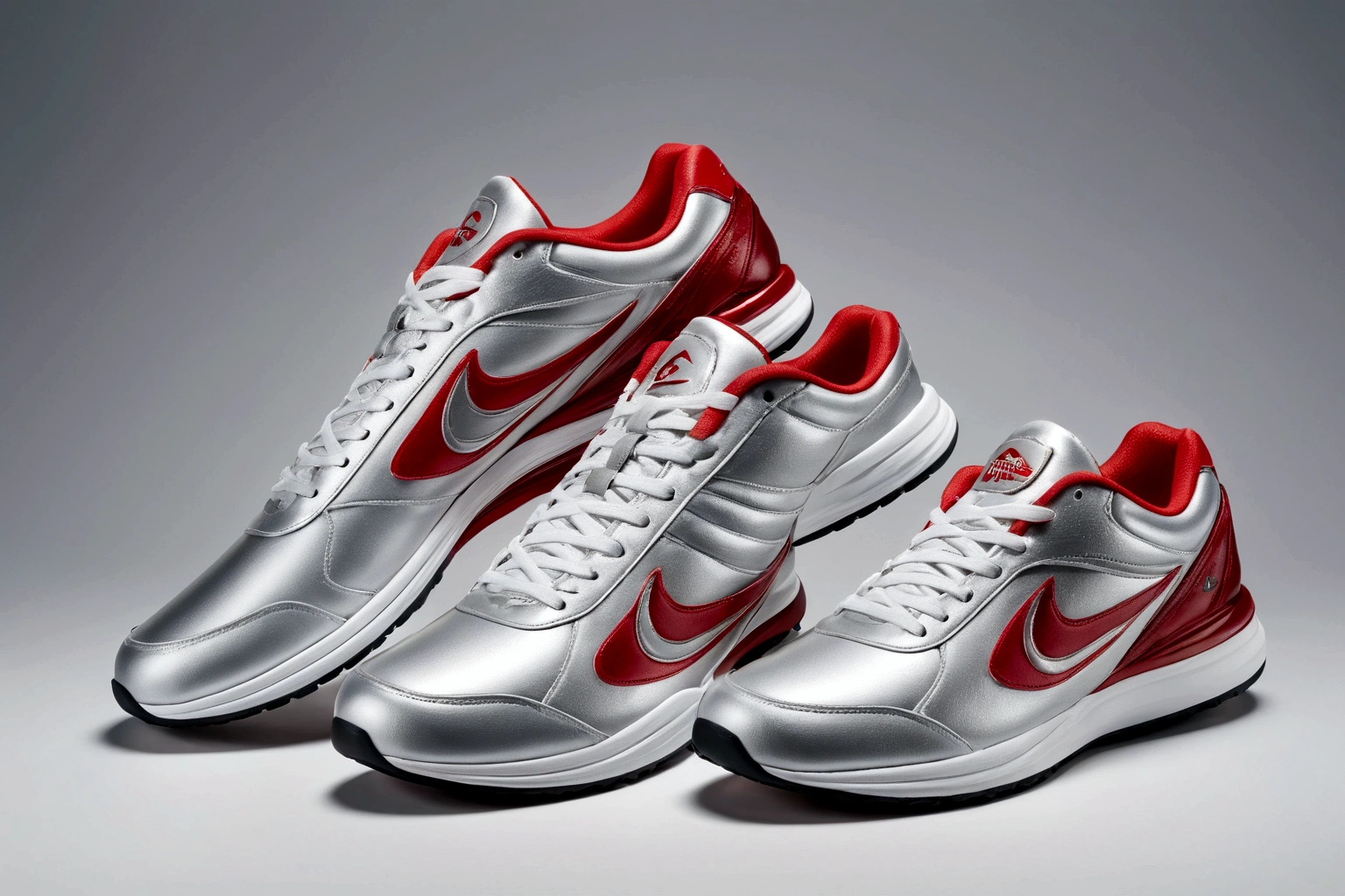 sports shoes,Full pair,Clean background,Light silver gray gradient background color,Only shoes appear,The shoes are black and red,The shoes are placed at a good angle for photography,Shoes are shiny,Fine details,HD resolution,Best picture quality,Higher quality,High Detail,Ultra-high resolution,8K resolution,masterpiece