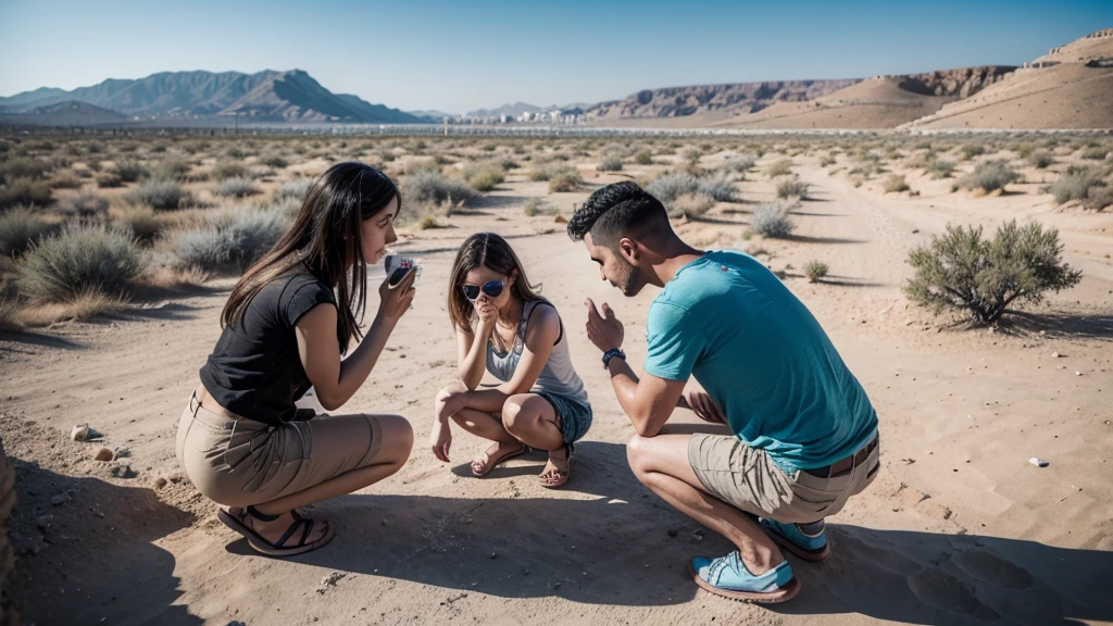 Greek city in a dry desert with people kneeling on the ground crying