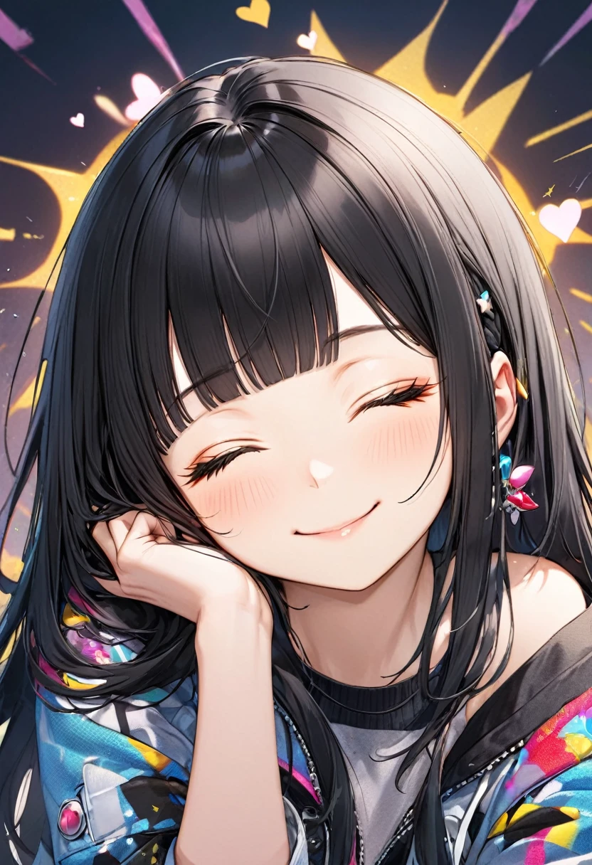 (punk:1.2 girl style), (15 yo, solo blunt bangs black hair long hair cute girl, sexy closed eyes, love smile), perfect anatomy, masterpiece, best quality, 16k, beautiful detailed grow, daydreaming expression.