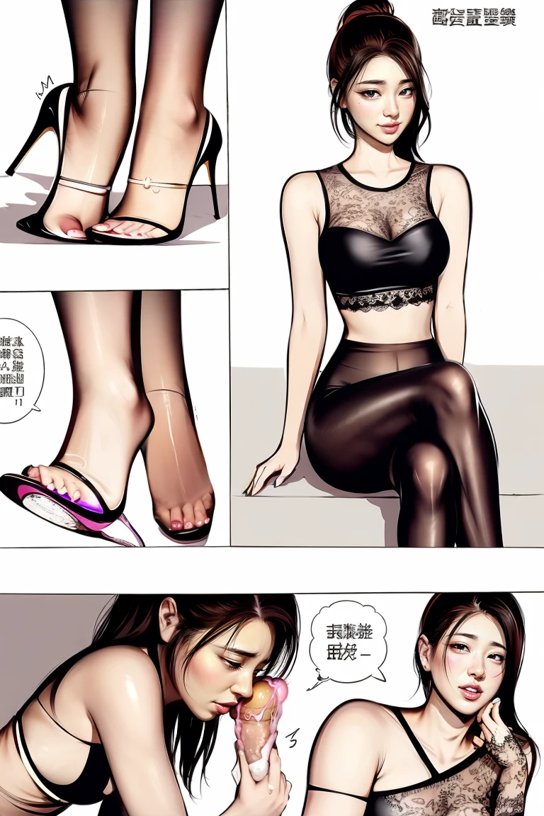 The beautiful girl in lace top and leggings is sitting astride a pile of skeletons in the center of the picture. She is holding a trembling sausage with juice squeezed out in her hand and smiling. There are multiple comic storyboards in the background,cbt, sausage bondage,sausage insertion,Sexy, trampling sausage with high heels heel,(masterpiece, best quality:1.2),1 beautiful girl,sexy,comic storyboard:2, leggings, sit astride, axially symmetrical:2, ,femdom,sounding,cbt,hold,smile,colorful,leggings,thin gap,cameltoe,insertion,trembling,juice,spray, Long hair,Lace top,Sexy, Shiny leggings, High heel,cleveage, trampling, in forest, saliva , Mucus,
