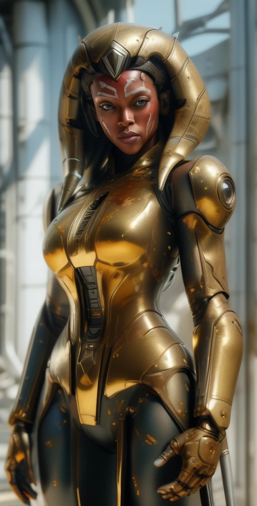 1 girl, solo, (look at viewer), ((Best quality)), ((masterpiece)), (detailed:1.4), ((upper body)), 3D, an image of a beautiful cyberpunk female,HDR (High Dynamic Range), Ray Tracing,NVIDIA RTX,Super-Resolution,Unreal 5,Subsurface scattering,PBR Texturing,Post-processing,Anisotropic Filtering,Depth-of-field,Maximum clarity and sharpness,Multi-layered textures,Albedo and Specular maps,Surface shading,Accurate simulation of light-material interaction,Perfect proportions,Octane Render,Two-tone lighting,Wide aperture,Low ISO,White balance,Rule of thirds,8K RAW, (((blood eyes))), , mechanical parts ahsoka, (dark skin:1.2), blood eyes, , medium breasts, bloodgold/black bodysuit, belt, (( bloodgold amor)) joints, body suit