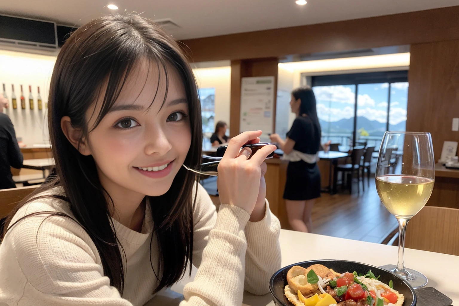 ((highest quality、8k、masterpiece:1.3))、1 male、1 female、Couple、spouse、Couple、The body is slim、((Bob Hale、Straight hair:1.2)), (Realistic, Intricate details:1.2), テーブルの上のwine glass、Shine light on your face、 Amazing view of the sunset sky and clouds、Amazing mountain views、A bright smile、The wonderfulness of smile、Bright image、The beauty of wine, Beautiful Face, blue eyes, The light shines on your face, Blushing, short hair,Bright Face、 (Age 37), 39 years old, red wine 、Appetizers、Italian food、Wine bottle、Champagne、sparkling wine、Two beauties、Brown Hair、Shortcuts、Long sleeve shirt、dress、Pretty Woman 1, (slimな顔), (The body is slim), (Brown Hair), (Shortcuts), cheeks turn a little red,Attractive beauty、restaurant, In a prominent place (From the waist up) Nova Frog Style, actress, model, Upper Body, White wine, slim, wine glass, 中央に置かれたwine glass, smile, (smile: 1.15), Beautiful fine grain, Depth f/2,saturation, High Contrast, Strong light and shadow,Moist Body:1.5、3D texture、Delicate eyes、Brown Hair、The hair is very shiny、
