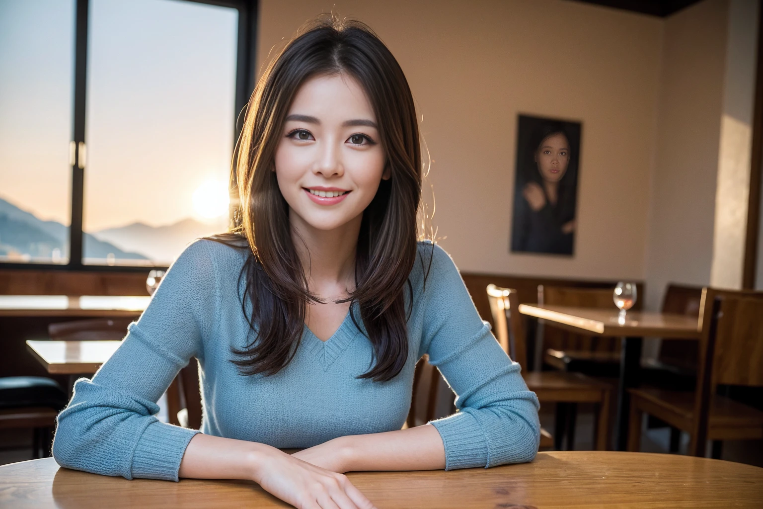((highest quality、8k、masterpiece:1.3))、1 male、1 female、Couple、spouse、Couple、The body is slim、((Bob Hale、Straight hair:1.2)), (Realistic, Intricate details:1.2), テーブルの上のwine glass、Shine light on your face、 Amazing view of the sunset sky and clouds、Amazing mountain views、A bright smile、The wonderfulness of smile、Bright image、The beauty of wine, Beautiful Face, blue eyes, The light shines on your face, Blushing, short hair,Bright Face、 (Age 37), 39 years old, red wine 、Appetizers、Italian food、Wine bottle、Champagne、sparkling wine、Two beauties、Brown Hair、Shortcuts、Long sleeve shirt、dress、Pretty Woman 1, (slimな顔), (The body is slim), (Brown Hair), (Shortcuts), cheeks turn a little red,Attractive beauty、restaurant, In a prominent place (From the waist up) Nova Frog Style, actress, model, Upper Body, White wine, slim, wine glass, 中央に置かれたwine glass, smile, (smile: 1.15), Beautiful fine grain, Depth f/2,saturation, High Contrast, Strong light and shadow,Moist Body:1.5、3D texture、Delicate eyes、Brown Hair、The hair is very shiny、