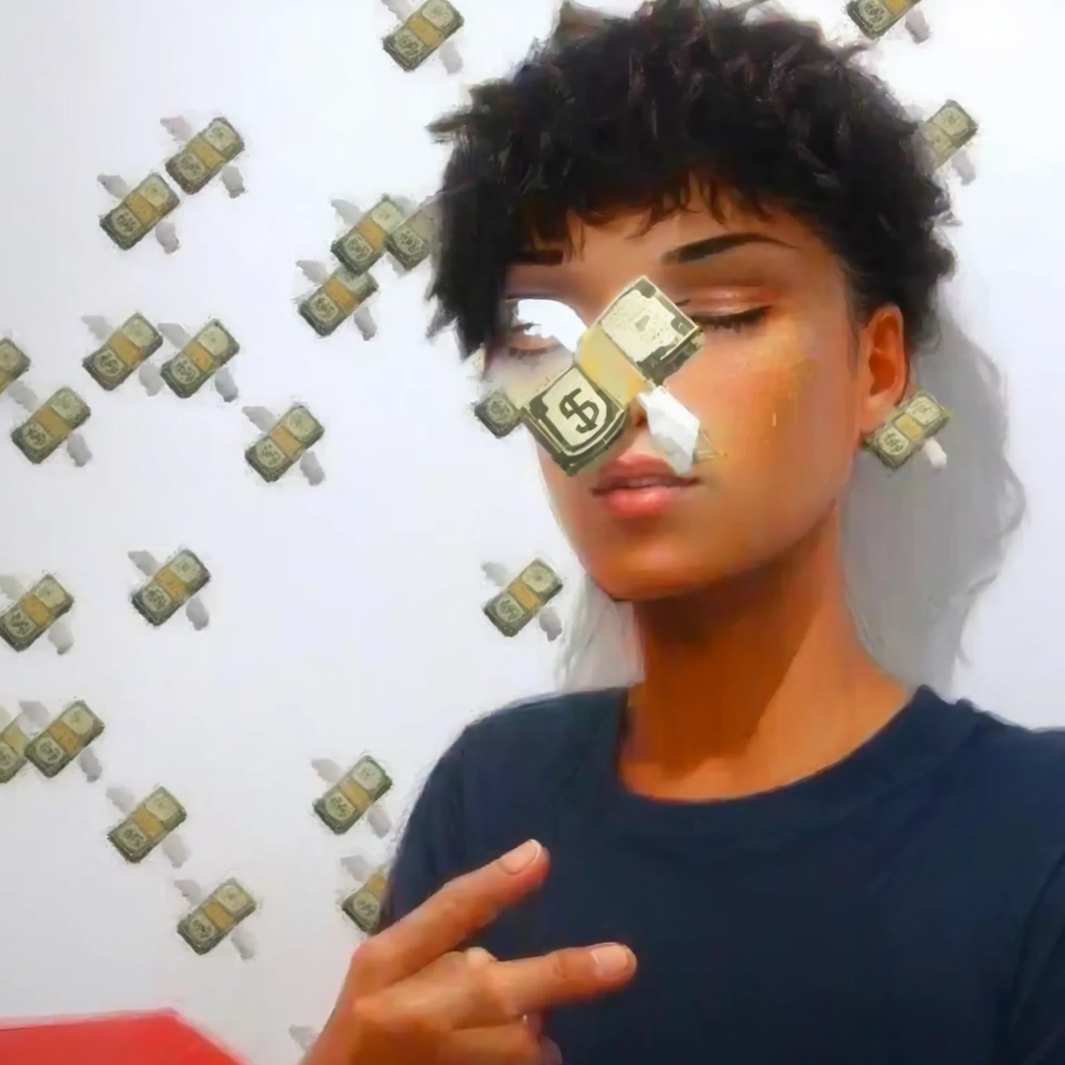 there&#39;s a man with a fake dollar bill on his face, alunos de sinal de dinheiro, dollar sign students, suave em _ o fundo, arte paga, feito de dinheiro, foto no estilo de tyler mitchell, 🔞🤡, foto do perfil 1024px, cursed image, por Mestre Kanbun, taken at the beginning of 2020