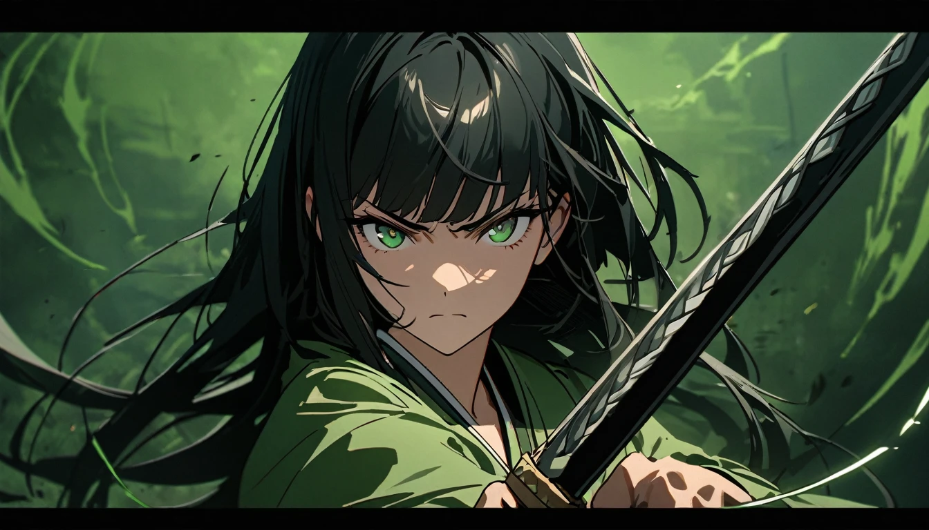 Young woman, perfect anatomic draw, perfect eyes, long black hair, beautiful eyes, straight bangs down, green eyes, beautiful, (green kimono), in the green background, serious face, serious woman, brave pose, fighting with a katana, 8k, high quality, full HD.