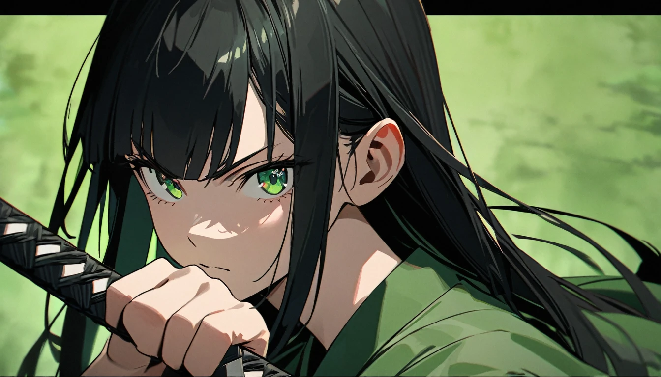 Young woman, perfect anatomic draw, perfect eyes, long black hair, beautiful eyes, straight bangs down, green eyes, beautiful, (green kimono), in the green background, serious face, serious woman, brave pose, fighting with a katana, 8k, high quality, full HD.