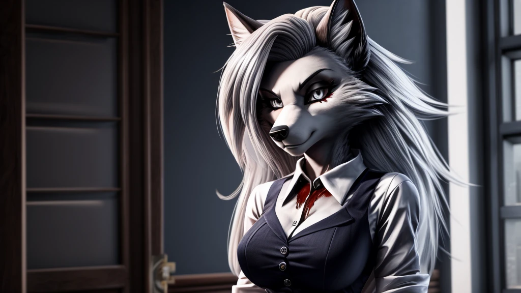 Loona from Helluva Boss, female wolf, anthro, white hair, grey eyes, in her 40s, adult, mature woman, wearing a teacher outfit, bloody, standing, cold stare, detailed, solo, beautiful, high quality, 4K