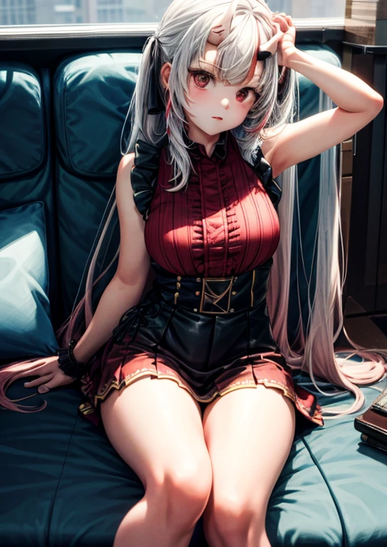 solo、1girl、full-body portraits、sleeveless、sitting down、White-colored skin,Large Breasts