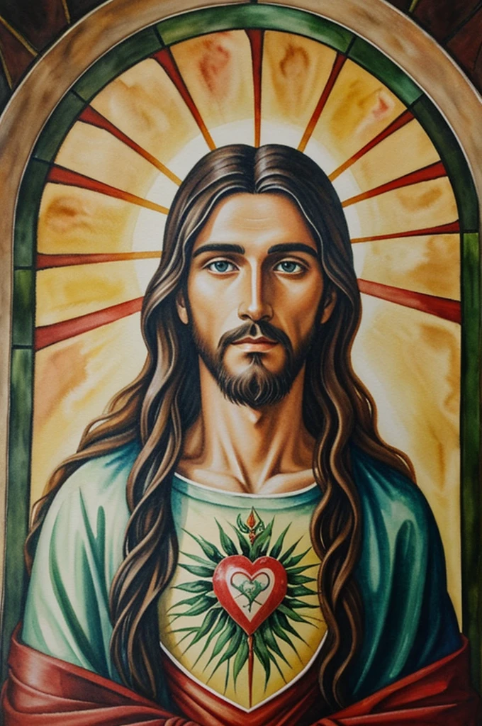 School with a lot of vegetation sub realistic image of the sacred heart of Jesus painted in watercolor