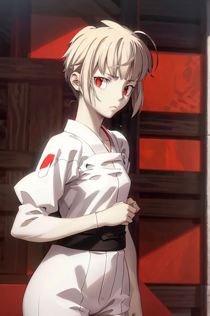 highest quality、masterpiece、White shorthair、Serious face、One girl、Medium chest、Red Eyes、kimono、Shorts、Hair Shine、Tear bags、double eyelid、Long eyelashes、Droopy eyes、Pink Lips、Red, Black and White、Character Full Body、White background
