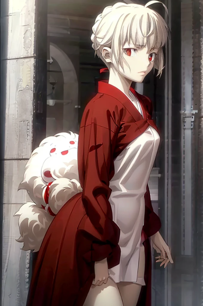 highest quality、masterpiece、White shorthair、Serious face、One girl、Medium chest、Red Eyes、kimono、Shorts、Hair Shine、Tear bags、double eyelid、Long eyelashes、Droopy eyes、Pink Lips、Red, Black and White、Character Full Body、White background
