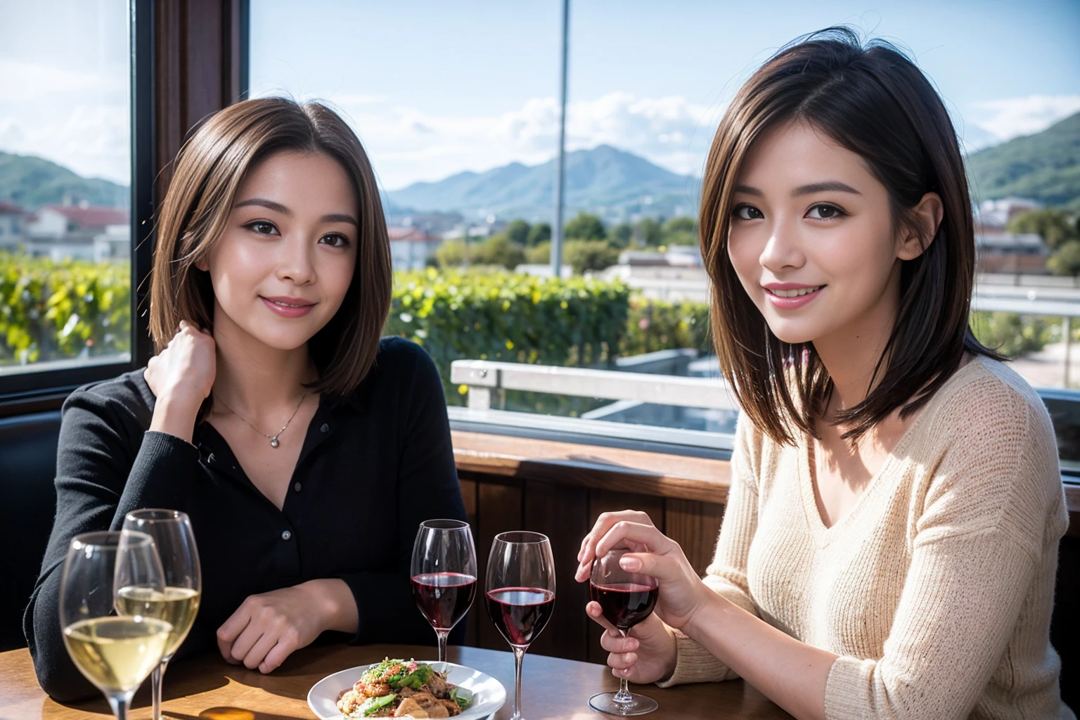 ((highest quality、8k、masterpiece:1.3))、1 male 1 female、Couple、spouse、Couple、The body is slim、((Bob Hale、Straight hair:1.2)), (Realistic, Intricate details:1.2), テーブルの上のwine glass、Put the light on your face、 Amazing view of the sunset sky and clouds、Amazing mountain views、A bright smile、The wonderfulness of smile、Bright image、The beauty of wine, Beautiful Face, blue eyes, The light shines on your face, Blushing, short hair,Bright Face、 (Age 37), 39 years old, red wine 、Appetizers、Italian food、Wine bottle、Champagne、sparkling wine、Two beauties、Brown Hair、Shortcuts、Long sleeve shirt、dress、Pretty Woman 1, (slimな顔), (The body is slim), (Brown Hair), (Shortcuts), cheeks turn a little red,Attractive beauty、restaurant, In a prominent place (From the waist up) Nova Frog Style, actress, model, Upper Body, White wine, slim, wine glass, 中央に置かれたwine glass, smile, (smile: 1.15), Beautiful fine grain, Depth f/2,saturation, High Contrast, Strong light and shadow,Moist Body:1.5、3D texture、Delicate eyes、Brown Hair、The hair is very shiny、