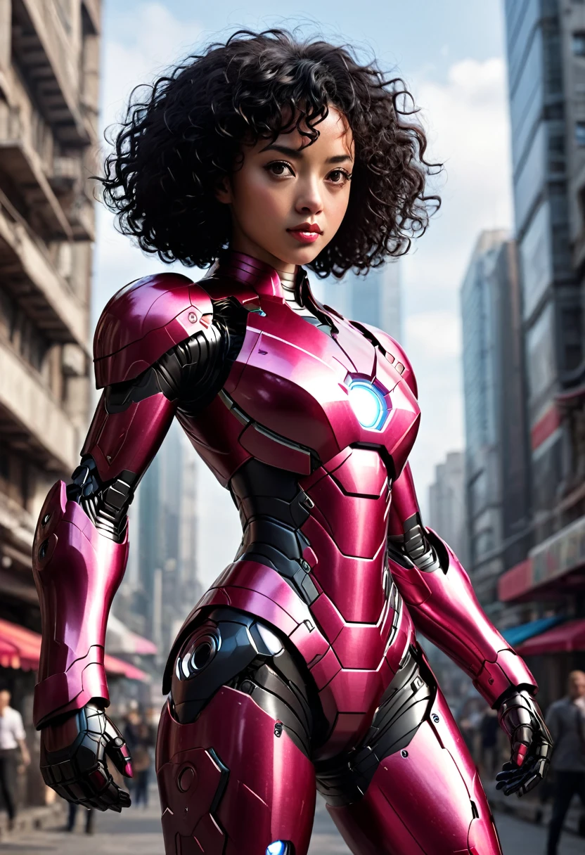 girl, black skin, short black curly hair, pink cartoon accurate iron man armor, sexy, fighting posture, Highly detailed, Bright appearance, creative behavior, imagination, Spectacular, naturally, small breasts, sexy, Highest quality, skin texture, complicated details, (movie light), raw photos, 8ก, Masterpiece,best quality,very detailed,ภาพประกอบที่very detailed,Extremely detailed,complicated details,height,complicated detailsมาก,Extremely detailed 8ก cg wallpaper,