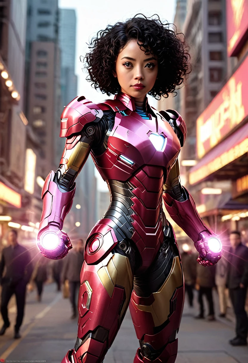 girl, black skin, short black curly hair, pink cartoon accurate iron man armor, sexy, fighting posture, Highly detailed, Bright appearance, creative behavior, imagination, Spectacular, naturally, small breasts, sexy, Highest quality, skin texture, complicated details, (movie light), raw photos, 8ก, Masterpiece,best quality,very detailed,ภาพประกอบที่very detailed,Extremely detailed,complicated details,height,complicated detailsมาก,Extremely detailed 8ก cg wallpaper,