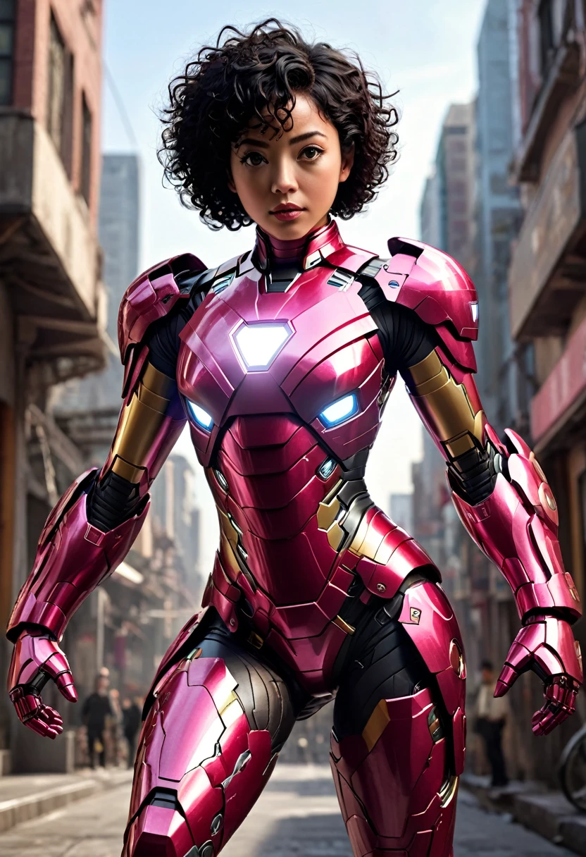 girl, black skin, short black curly hair, pink cartoon accurate iron man armor, sexy, fighting posture, Highly detailed, Bright appearance, creative behavior, imagination, Spectacular, naturally, small breasts, sexy, Highest quality, skin texture, complicated details, (movie light), raw photos, 8ก, Masterpiece,best quality,very detailed,ภาพประกอบที่very detailed,Extremely detailed,complicated details,height,complicated detailsมาก,Extremely detailed 8ก cg wallpaper,