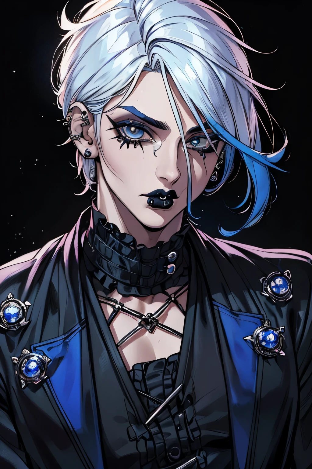 photography of a sexy homem, a solo homem, (((homem))), (rosto masculino), 40 anos, demon, menino mau, (olhos azuis), olhar expressivo, cabelo azul, franja branca, Black Lips, (((piercings))), (piercings nas orelhas), (estilo gotjic), japanese style, ((((visual kei))), (((fundo escuro))), Cabelo Brilhante, barba por fazer, Roupas pretas, jaqueta de manga longa, rosto super detalhado, Corpo perfeito, formas perfeitas, imagem realista, fotografia premiada, 8K, (((olhos brilhantes perfeitos)))