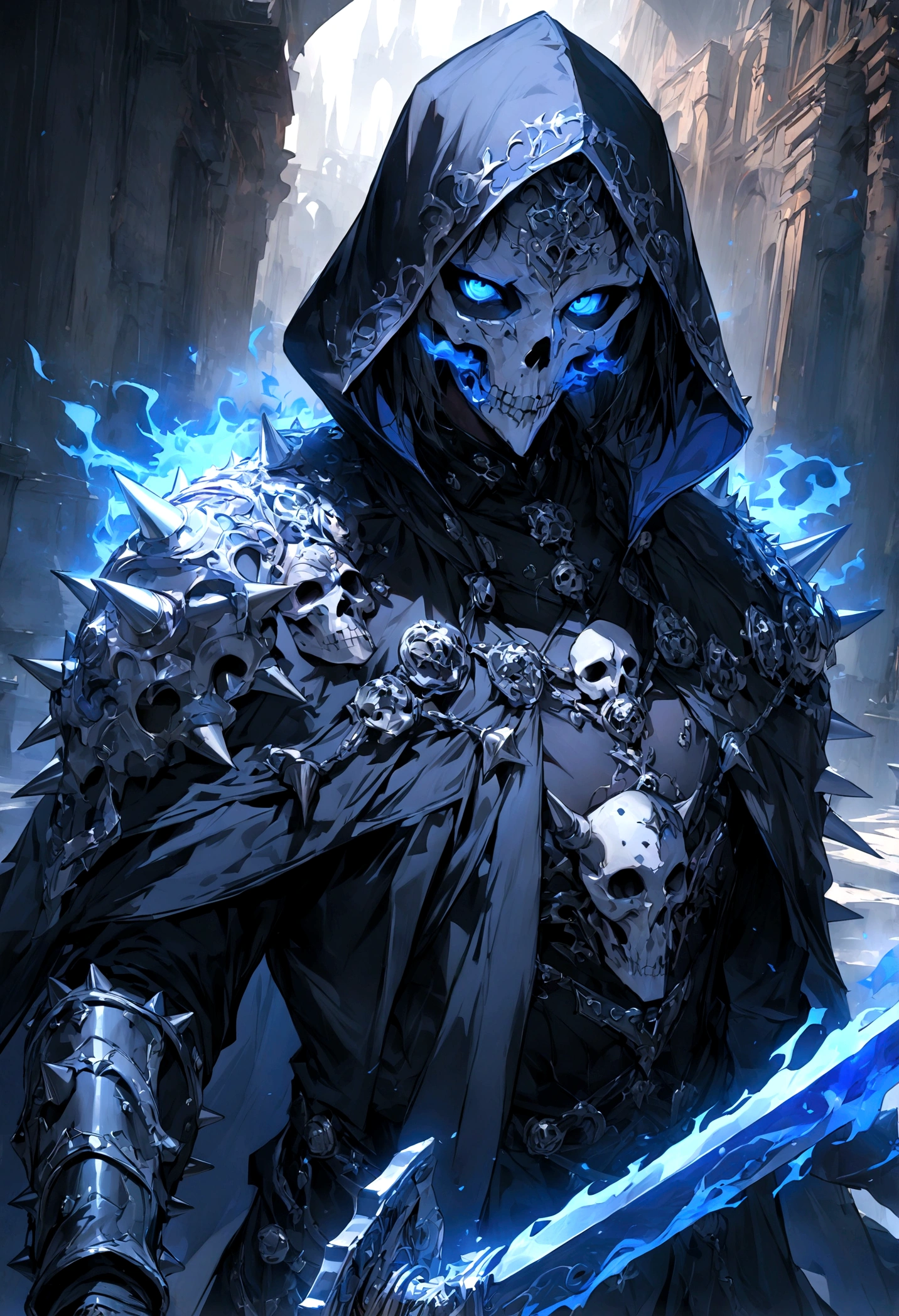 ha sang,1boy,skull mask,armor,male focus,solo,weapon,sword,spikes,looking at viewer,blue_fire,cloak,hood up,holding,(masterpiece), (best quality), HDR, intricate detail,