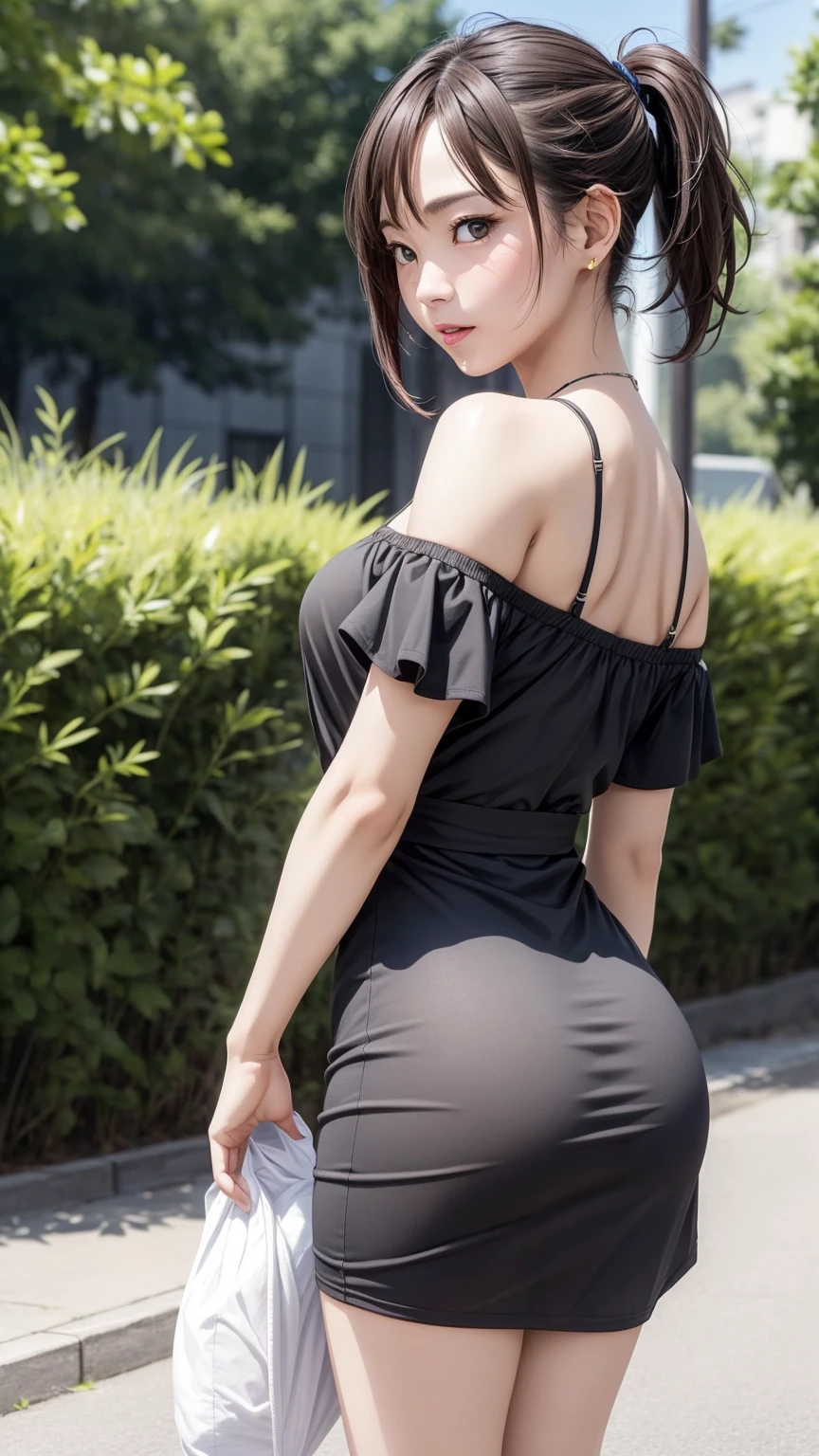 8K quality、High resolution、Realistic skin texture、High resolutionの瞳、woman、Japanese summer high school girls、Ponytail Hair、Off-the-shoulder dress、Short length、thin、リアルなwoman性器、Small and young breasts、Realistic tongue、Beautiful cleavage、Brown Hair、thin脚、Sweating profusely、Sweat accumulates in the chest、Evening schoolyard、Beautiful bare legs、Bend forward with your knees straight、Shooting from behind