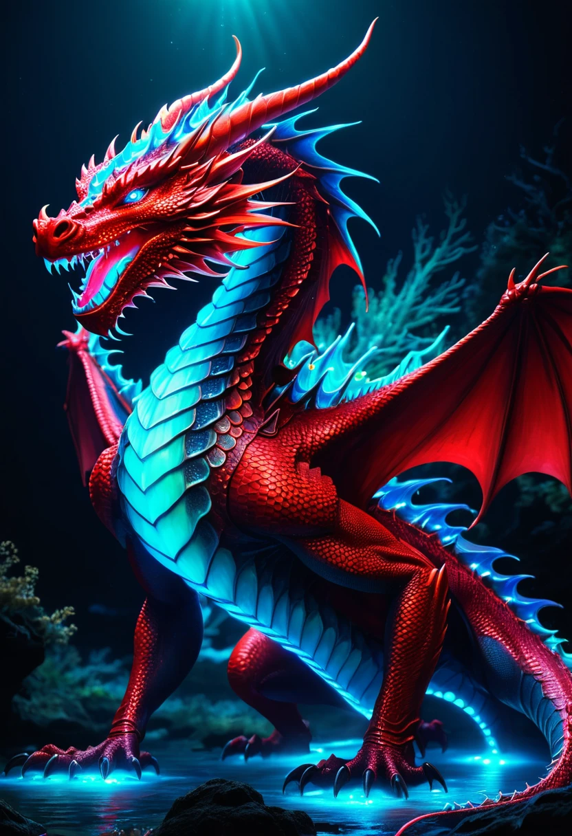 Glowing red dragon with bioluminescence 