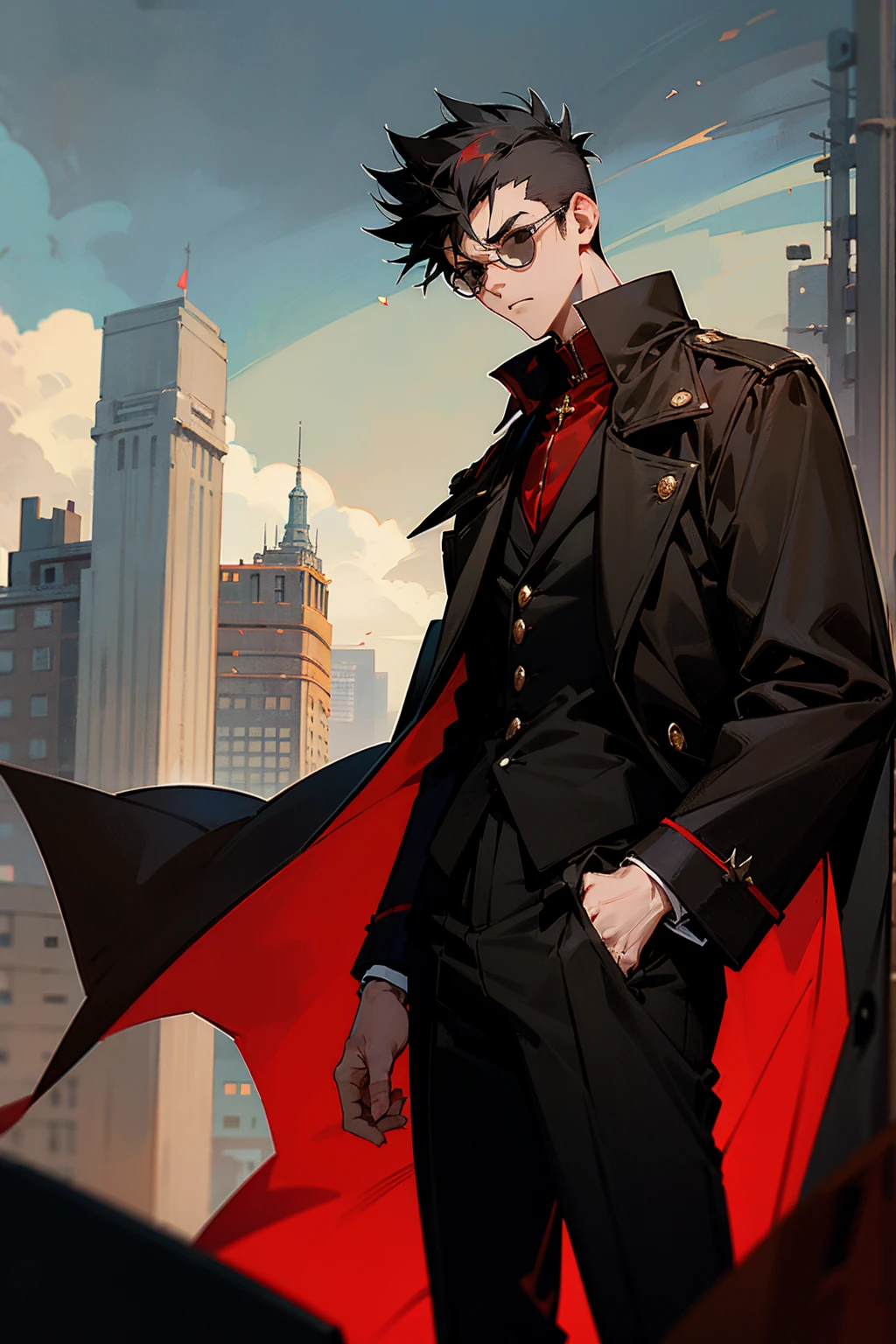 1male, black hair, black hair, short spiked hair, black eyes, red round tainted glasses, brown overcoat, black shirt, black pants, yawning, tired expression, city background, detailed background, hands to side, standing on path