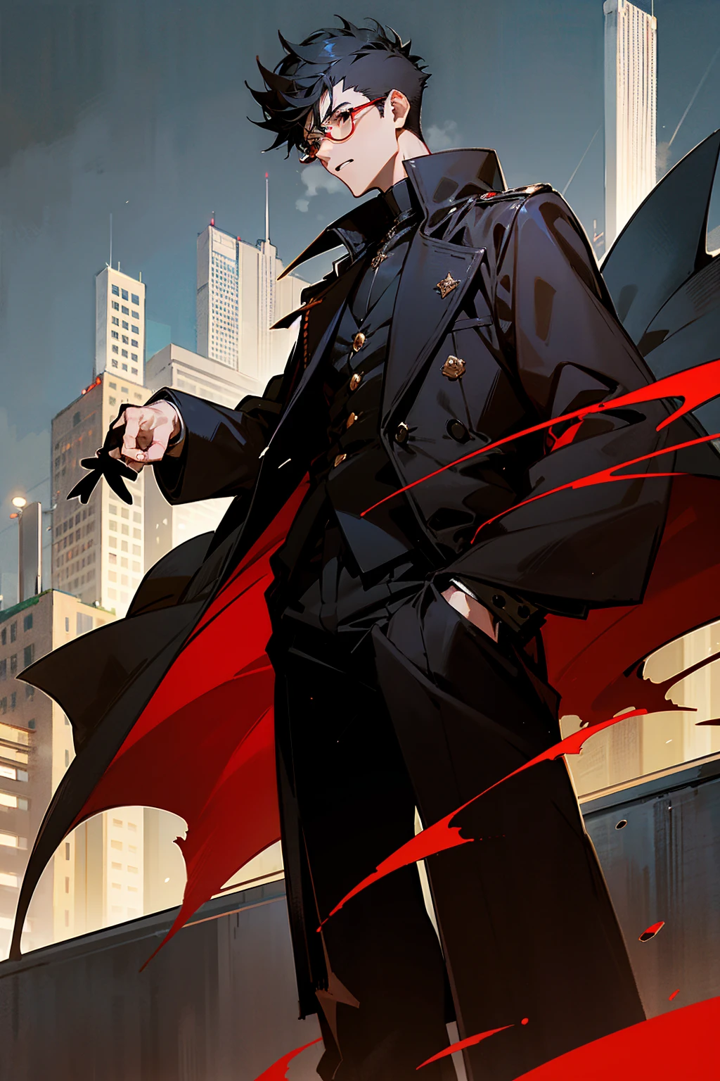 1male, black hair, black hair, short spiked hair, black eyes, red round tainted glasses, brown overcoat, black shirt, black pants, yawning, tired expression, city background, detailed background, hands to side, standing on path