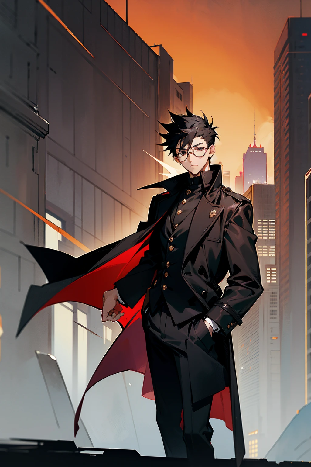 1male, black hair, black hair, short spiked hair, black eyes, red round tainted glasses, brown overcoat, black shirt, black pants, yawning, tired expression, city background, detailed background, hands to side, standing on path