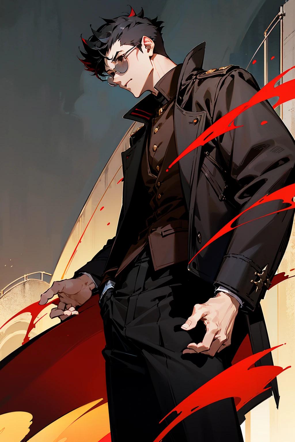 1male, black hair, black hair, short spiked hair, black eyes, red round tainted glasses, brown overcoat, black shirt, black pants, yawning, tired expression, city background, detailed background, hands to side, standing on path