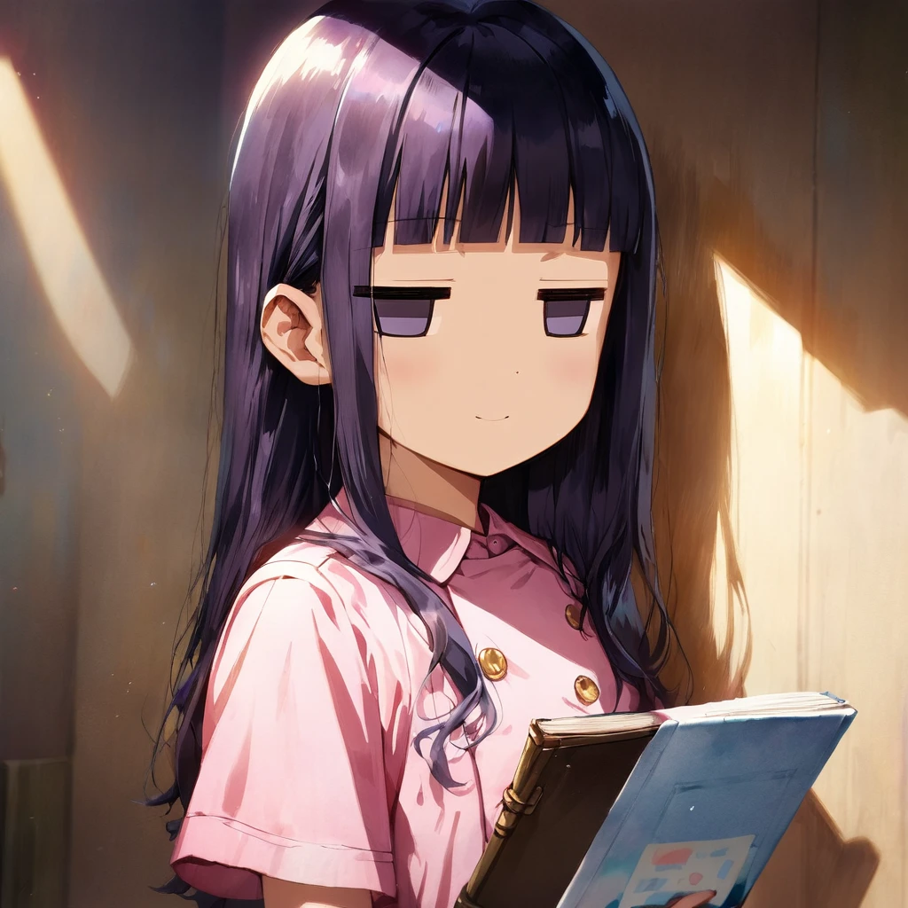 (a jitome girl:1.5), (masterpiece:1.3), anime visual,  (Lovey-dovey:1.5), (tilt head:1.3), extremely delicate face, soft clean focus, realistic lighting and shading, (an extremely delicate and beautiful art:1.3), (masterpiece:1.3), anime visual, extremely delicate face, soft clean focus, realistic lighting and shading, (an extremely delicate and beautiful art:1.3), 
1 cute girl,15 years old, skinny body shape,short of a person,cute face,big eyes,smiling,blue purpl wavy and blunt bangs hair,green and black eyes,from front,watercolor painting,A girl walking down a dark hospital corridor on her night shift, wearing a pink nurse's uniform and carrying a binder,jitome,full body shot,