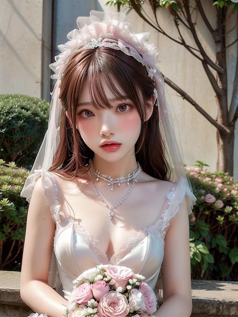 ((highest quality)),(超A high resolution),(Very detailed),(Detailed Description),((The best CG)),(masterpiece),Very detailedなアート、Small breasts、Whitening 1.5、Clear skin quality、(((Full upper body nude 1.5)))、Racing High Leg、hair ornaments、(1.5)))Tying up hair、((( 1.5)))、Glitter Necklace、Ultimate Beauty 1.5(((pink wedding dress 1.5)))、((Holding a bouquet in both hands))、(((1.5)))、church、Full Body Shot、