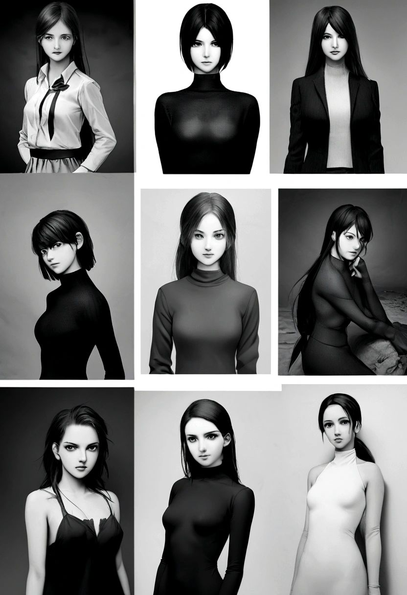 Black and white photo of woman wearing turtleneck sweater, Crude charcoal, Looks like Katie Holmes, inspired by Marina Abramović, Maggie Cheung, Beautiful Katrina Balfe, Sergio Burgi, inspired by Olga Rozanova, Inspired by Clifford Ross, Silvia Dimitrova, Inspired by Katerina Tarabotti, Clifford Ross