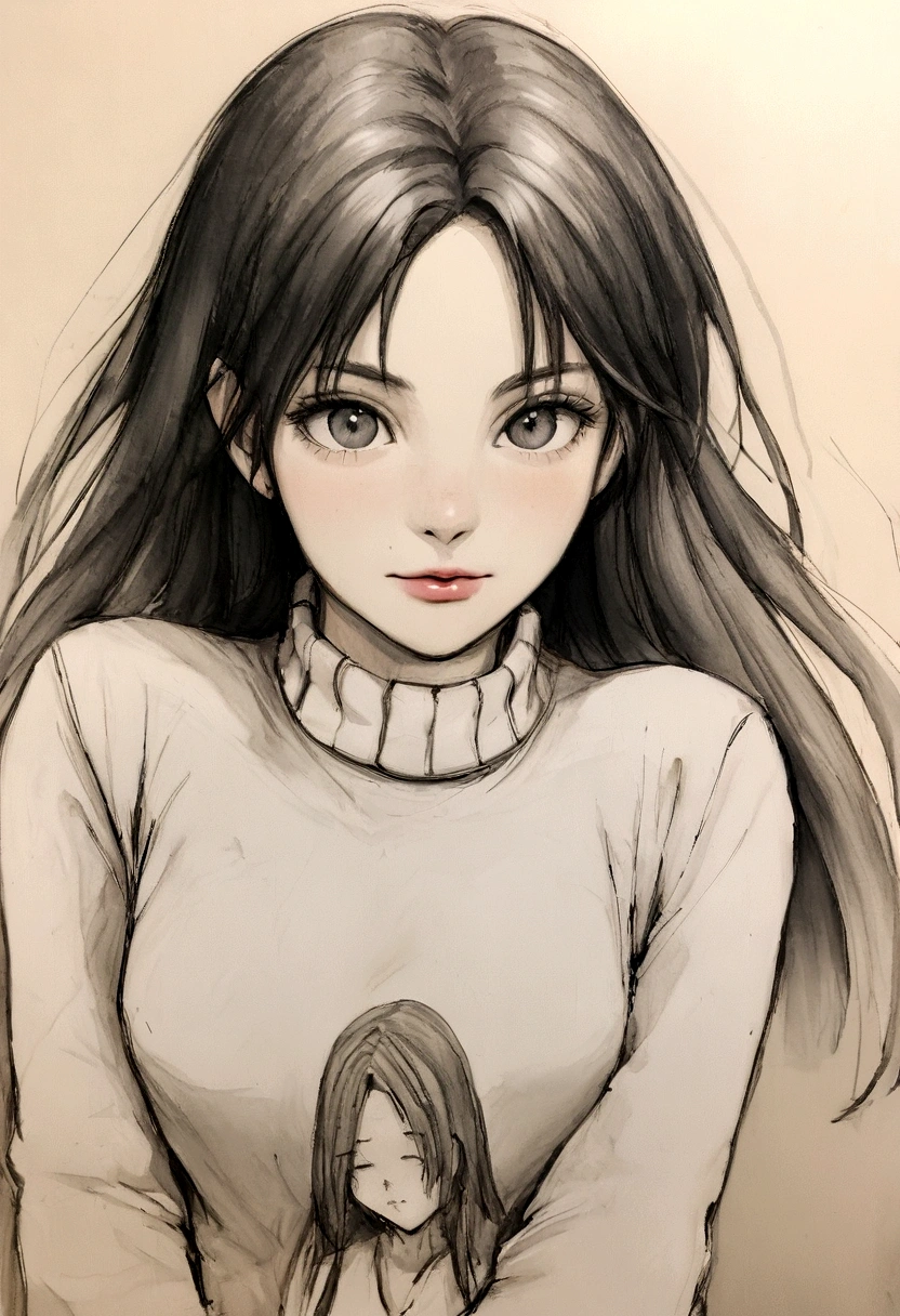 Black and white photo of woman wearing turtleneck sweater, Crude charcoal, Looks like Katie Holmes, inspired by Marina Abramović, Maggie Cheung, Beautiful Katrina Balfe, Sergio Burgi, inspired by Olga Rozanova, Inspired by Clifford Ross, Silvia Dimitrova, Inspired by Katerina Tarabotti, Clifford Ross