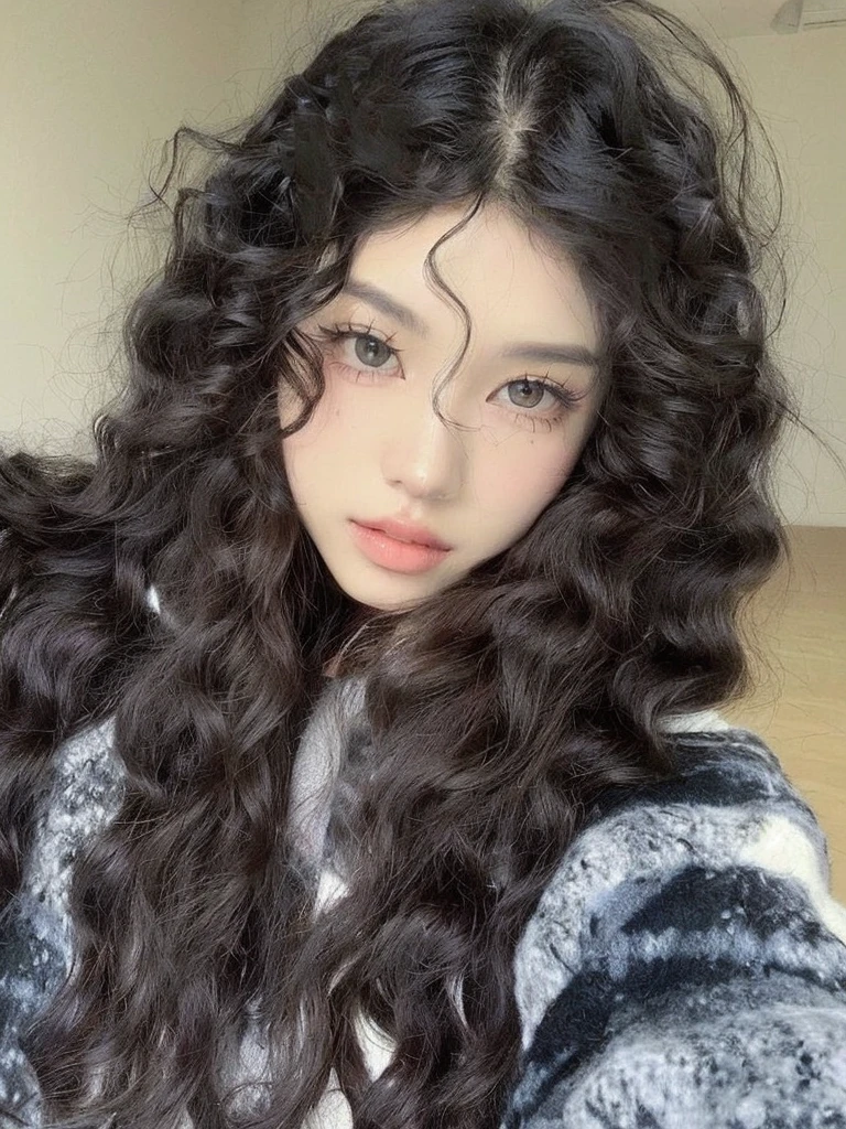 a close up of a woman with long hair and a sweater, with long curly hair, black long curly hair, long wild black curly hair, ulzzang, long curly black hair, curly middle part haircut, long black curly hair, long messy curly hair, wavy hair spread out, large eyes and flowing long hair, curly long hair, with long curly